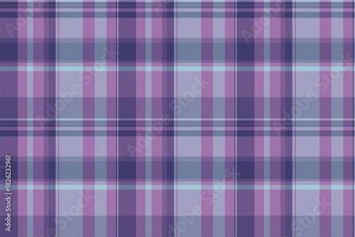 Flannel fabric check plaid, decoration background seamless textile. Dimensional pattern vector texture tartan in purple and light colors.