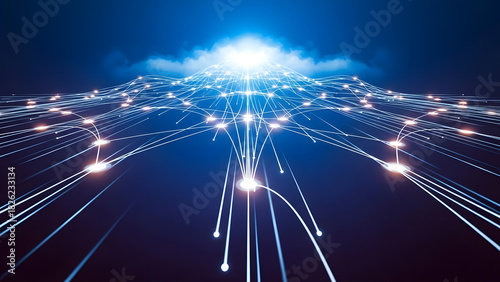 Futuristic Data Network Visualization with Light Trails and Clouds