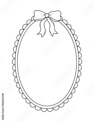 Vintage frame with a bow and a ribbon border. Coquette decorative ornament hand drawn. Vector illustration on isolated white background.