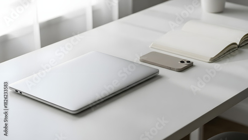 Wallpaper Mural Sleek Workspace with Laptop, Smartphone, Notebook, and Natural Light Torontodigital.ca