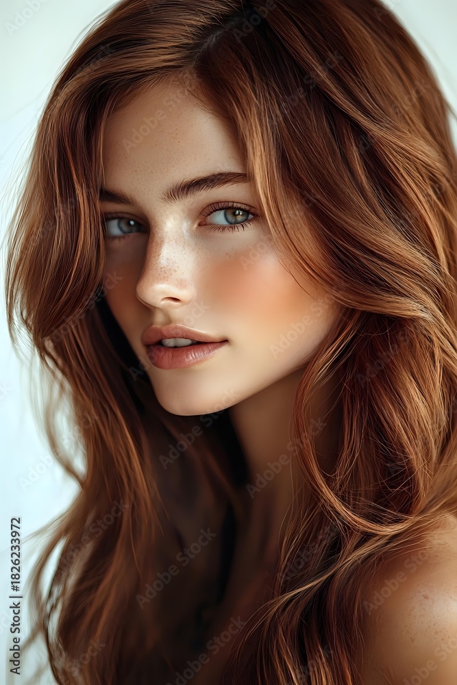 custom made wallpaper toronto digitalYoung woman with auburn hair, blue eyes and freckles against light background, showcasing natural beauty for cosmetic advertising.