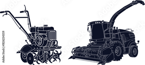 Tiller And Forage Harvester Silhouettes On White Background agriculture farming