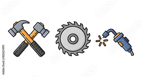 Image featuring crossed hammers, a circular saw blade, and a welding torch.