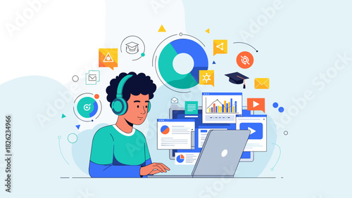 Young man learning online with laptop and headphones