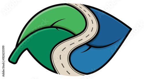A winding road path through a stylized leaf, split into green and blue sections, symbolizing nature, journey, and environmental connection.