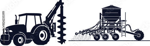 Tractor With Auger Next To Seed Planter Machine Silhouette drill