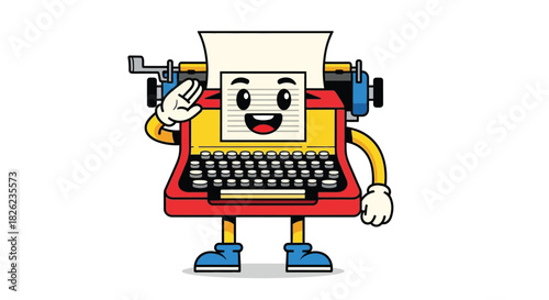 A cheerful cartoon character of a vintage red and yellow typewriter smiling and waving on a white background.