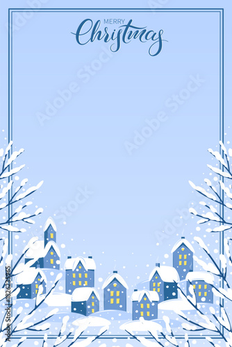 Winter holiday background for congratulatory text. Greeting letter Merry Christmas decorated with winter landscape. Vector illustration