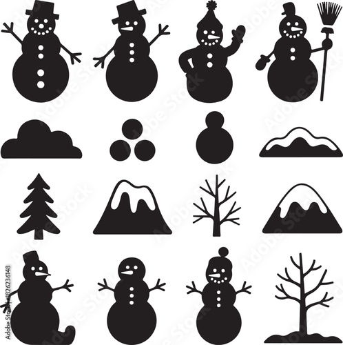 Snowman and Winter Landscape Black Silhouettes Vector Illustration Design Template