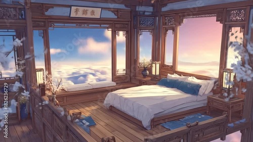 Anime style bedroom with clouds outside the windows artistic interior design