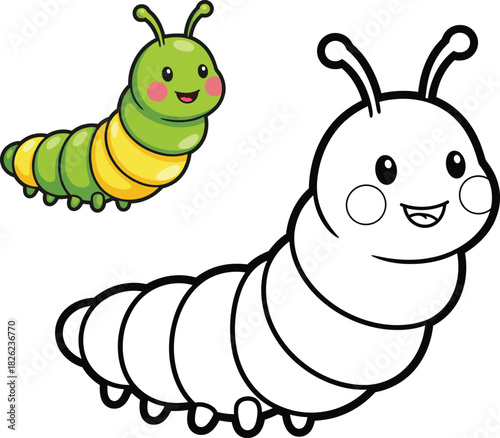 Cute cartoon caterpillar with a smiling face and segmented body shown in color and as a black and white outline for coloring.