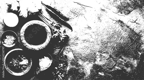 Black and white still life of spices and herbs in bowls and on a textured surface mortar pestle