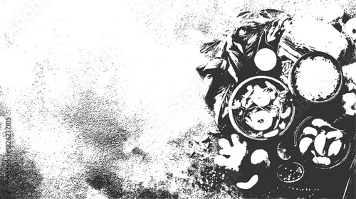 Overhead view of various food dishes and ingredients in bowls with textured background vector