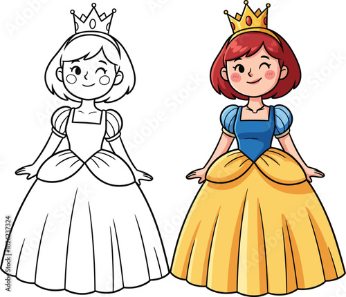 Cute cartoon princess with red hair winking wearing a yellow and blue gown and a golden crown shown in color and outline.