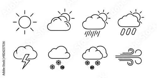 Collection of weather icons showing conditions for forecast including sun rain snow wind storm