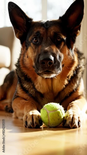 German Shepherd Dog Resting Head With Tennis Ball on Paws on Wood Floor