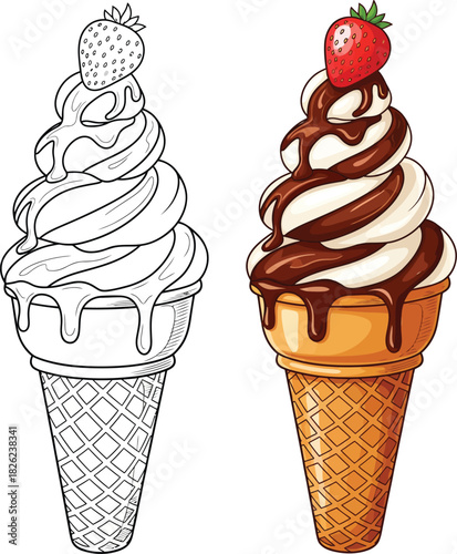 Swirled soft serve ice cream cone with chocolate sauce and a strawberry presented in both full color and black and white outline.