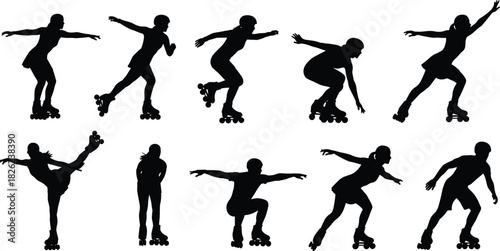 Set of black silhouettes featuring active people roller skating in various dynamic poses, isolated on white background, perfect for sports, leisure, and activity concepts.