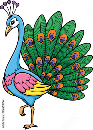 Vibrant cartoon peacock with a majestic fanned tail colorful plumage and a graceful onelegged pose.