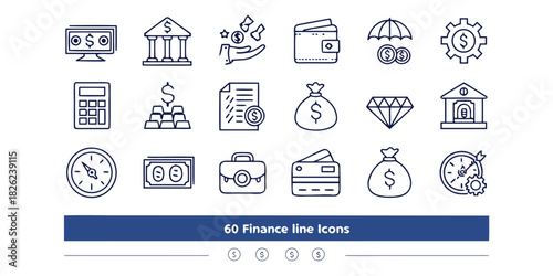 Sixty finance line icons set for business banking accounting and financial topics business line icons