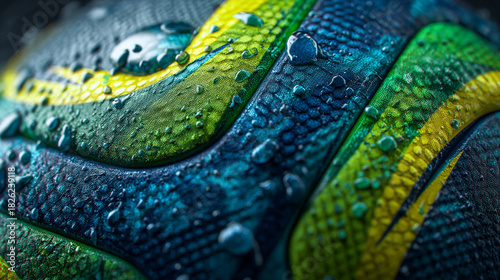 Close up of a wet textured ball with green yellow and blue colors and water droplets on the surface