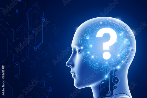 Wallpaper Mural Futuristic AI head with glowing question mark symbolizes artificial intelligence uncertainty and complex thought processes. Torontodigital.ca