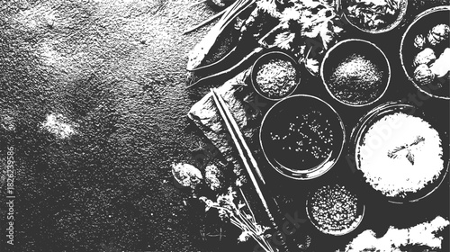 Overhead view of various spices and herbs in bowls with chopsticks on dark textured surface ingredient
