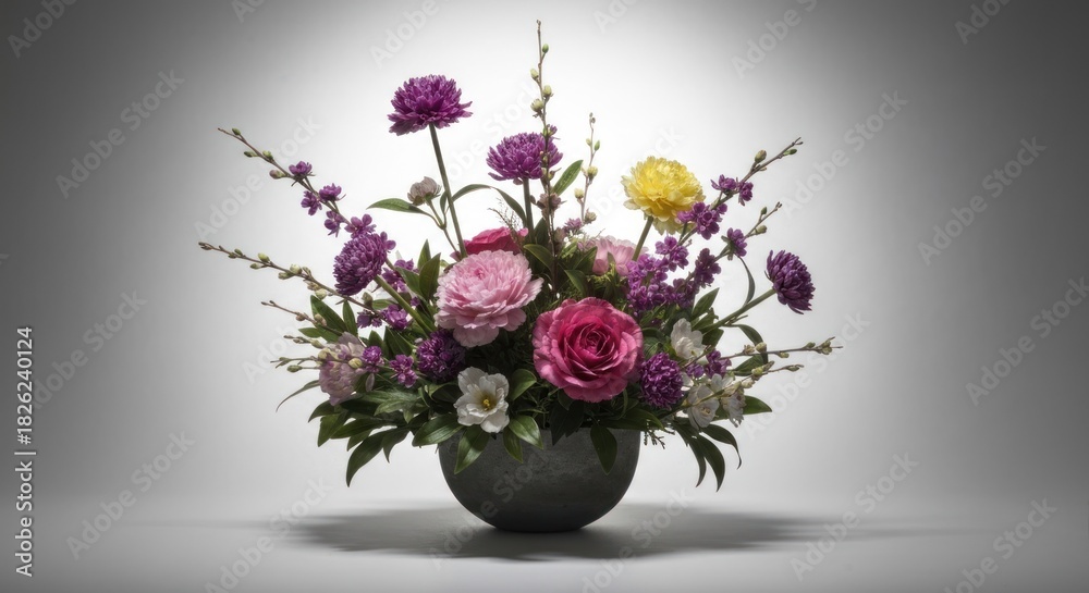 Naklejka premium A vibrant floral arrangement in a round, gray vase. Variety of blooms in pinks, purples, yellows, and whites.