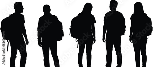 Set of black vector silhouettes showing group of students standing with backpacks, isolated on white background for education, school, travel and university concept design.