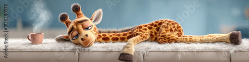 Full figure of a sleepy and grumpy cartoon giraffe lying on a white leather sofa with a steaming coffee cup in a cozy blue living room. Messy fur, and a deep Monday morning mood. Generative Ai.