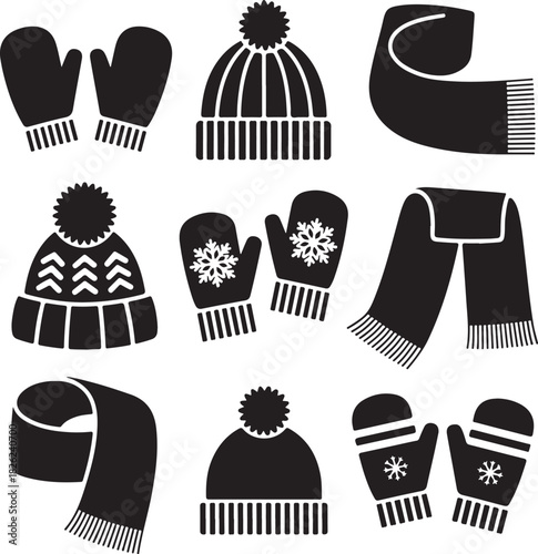 Winter accessory set collection of hats mittens and scarves vector illustration
