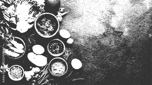 Overhead view of assorted food ingredients in bowls and scattered on dark textured surface shrimp eggs