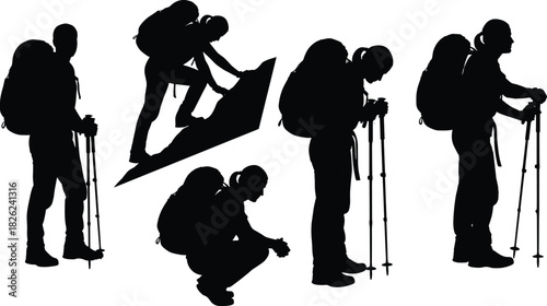 Set of black vector silhouettes showing hikers with backpacks and poles climbing, walking, resting, isolated on white background for mountain trekking and adventure travel.