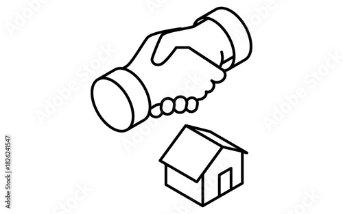 Simple line-drawn isometric illustration of a handshake during real estate purchase and contract signing, black and white