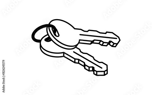 Simple line art isometric illustration of real estate purchase and keys to your home, black and white
