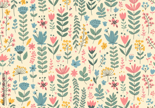 Cute Watercolor Floral Seamless floral Surface Pattern with Pink and Blue small flowers and green leaves on white background. Hand drawn wildflowers. For wallpaper or fabric.
5
