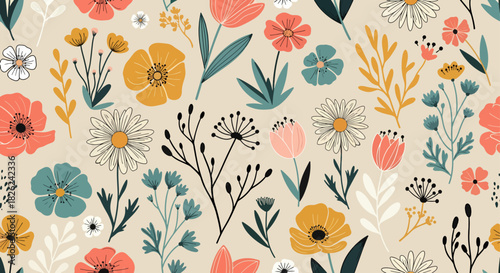 Lovely ditsy floral pattern with cute abstract flowers in vector