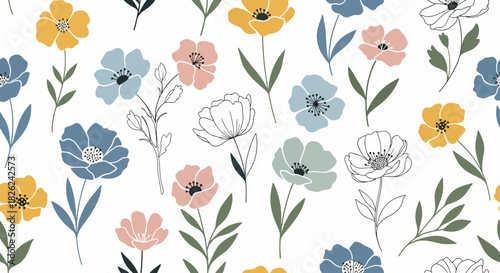Floral seamless pattern with flowers. Abstract floral background, summer theme seamless pattern, vector wallpaper, summer texture, wrapping with flowers, spring and summer theme for your design