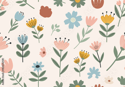 Floral seamless pattern with flowers. Abstract floral background, summer theme seamless pattern, vector wallpaper, summer texture, wrapping with flowers, spring and summer theme for your design