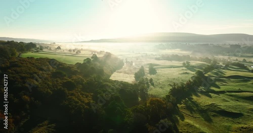 Flying above misty Wensleydale at sunrise.