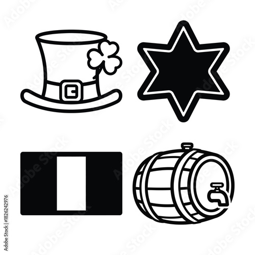 Diverse set of cultural and celebratory symbols leprechaun hat with shamrock, star of david, irish flag, and wooden beer barrel