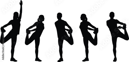 Set of black vector silhouettes showing woman stretching quadriceps, standing on one leg, warming up for workout, isolated on white background for fitness concept.