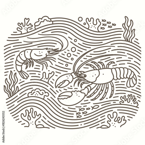 Lobster and Shrimp Swimming Underwater Monoline Vector Illustration