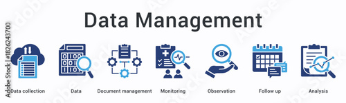 Data management banner web icon coordinates collection and monitoring with observation follow-up leading to analysis results.