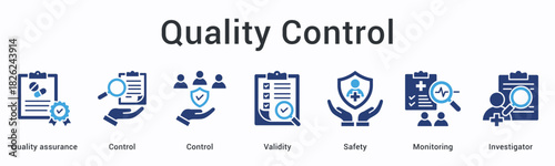 Quality control banner web icon maintains validity and safety through monitoring with investigator oversight and standards.