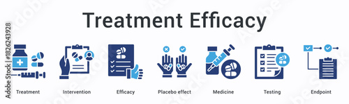 Treatment efficacy banner web icon evaluates intervention effectiveness against placebo effect through medicine testing to endpoint.
