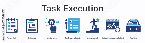 Task execution banner web icon manages lists with subtasks through actionable steps to accomplished missions and archiving.