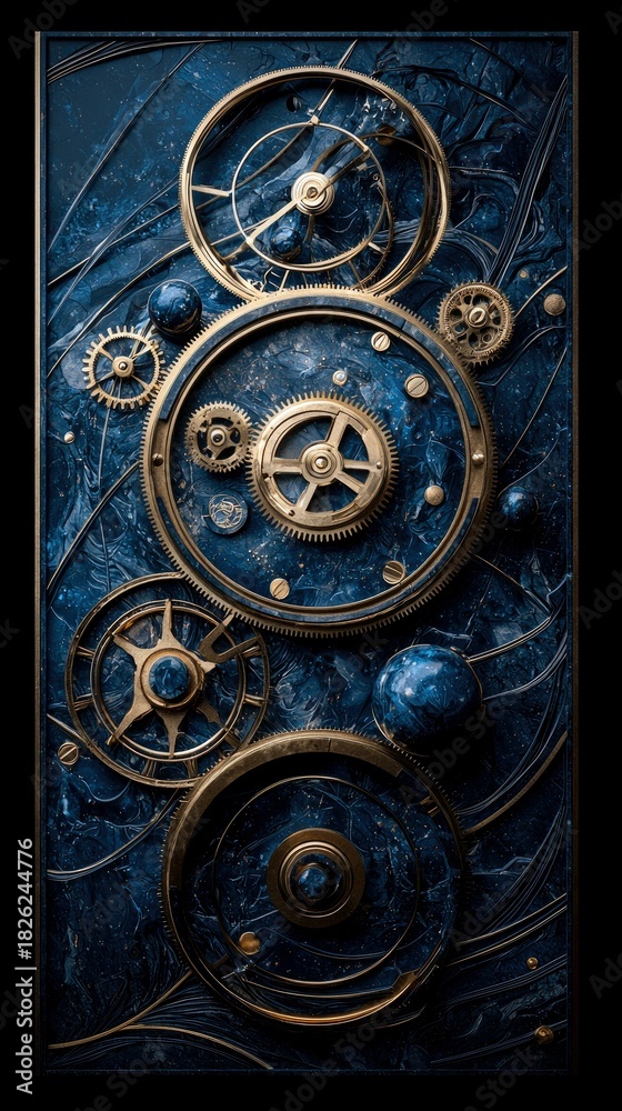 Naklejka premium A close-up, detailed view of interlocking golden clockwork gears and mechanisms against a dark blue, marbled textured background. The lighting is dramatic and h