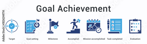 Goal achievement banner web icon demonstrating determination through steps and challenges toward successful outcomes.