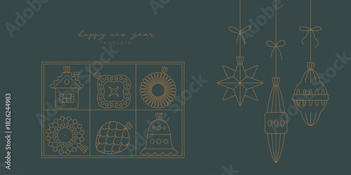 Cute luxury retro Happy new year banner with hanging Christmas tree toys, box with baubles. Holiday vector banner with elegant geometric illustrations, lettering for card, invitation template